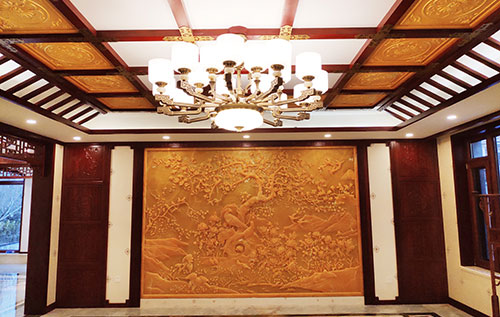 歙县中式别墅客厅中式木作横梁吊顶装饰展示